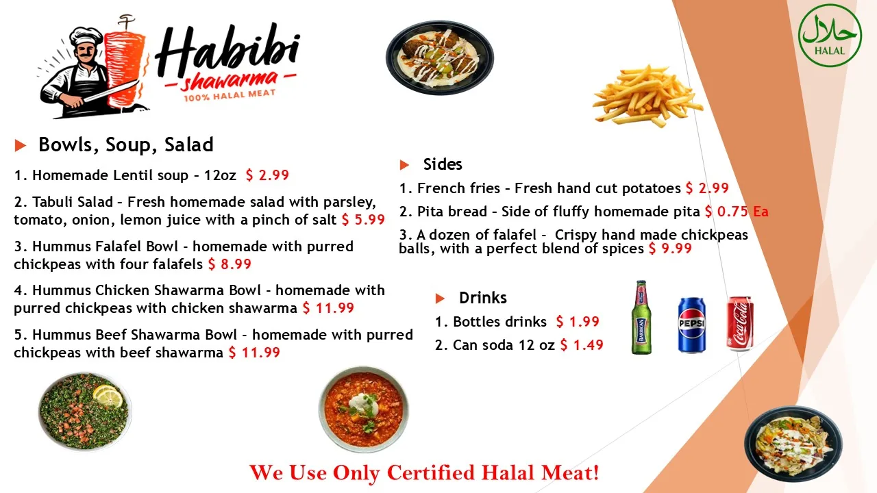 Habibi Shawarma menu — bowls, soup, salad, sides & drinks