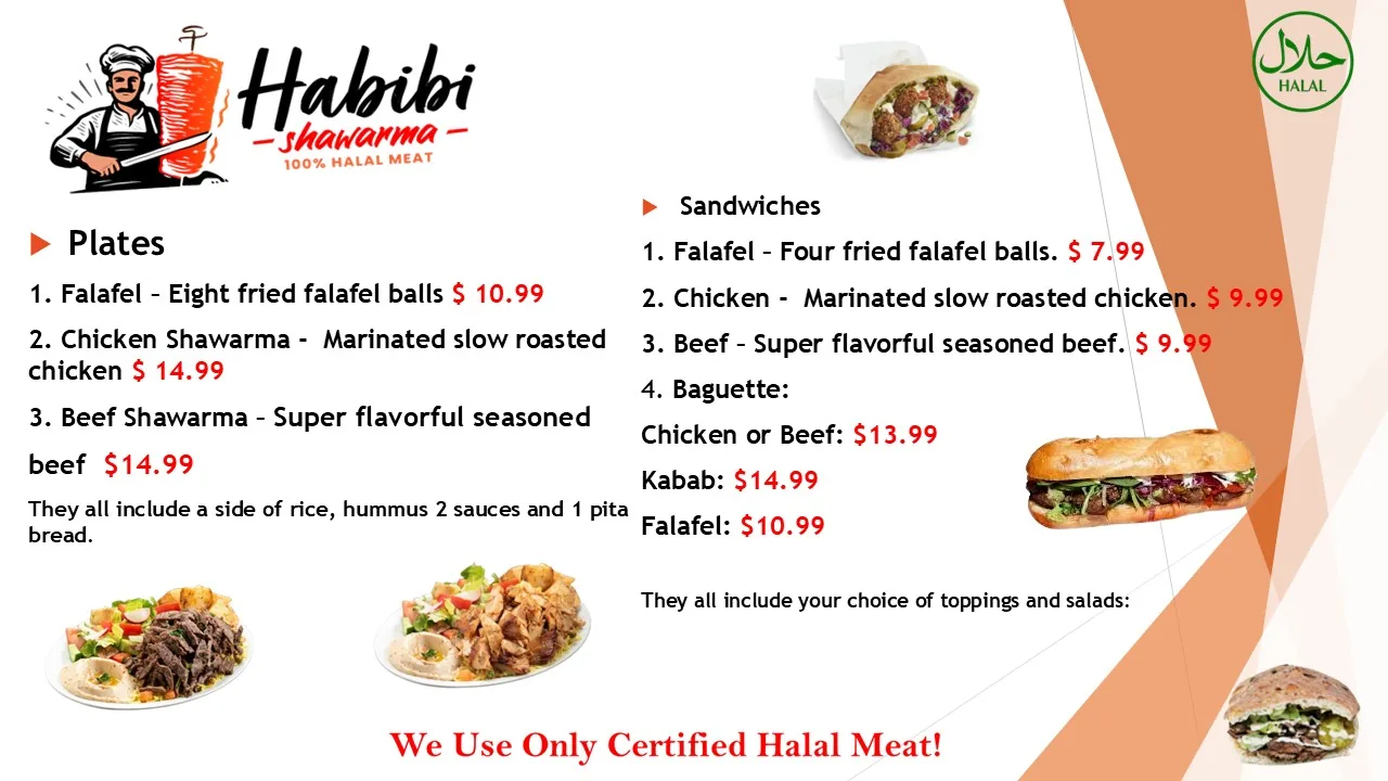 Habibi Shawarma menu — plates & sandwiches with prices