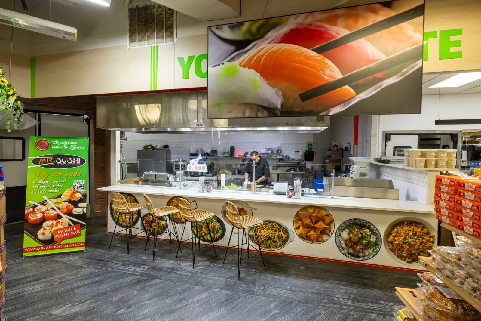 Mr Sushi mobile sushi bar and hot food counter inside Naperville Fresh Market